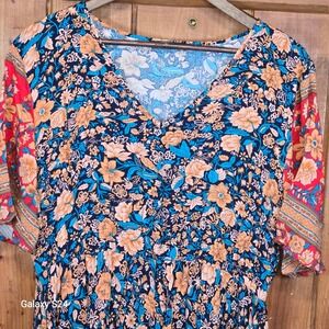 PRETTYGARDEN Womens XL Floral Boho Maxi Dress VNeck Short Sleeve Navy Orange Red